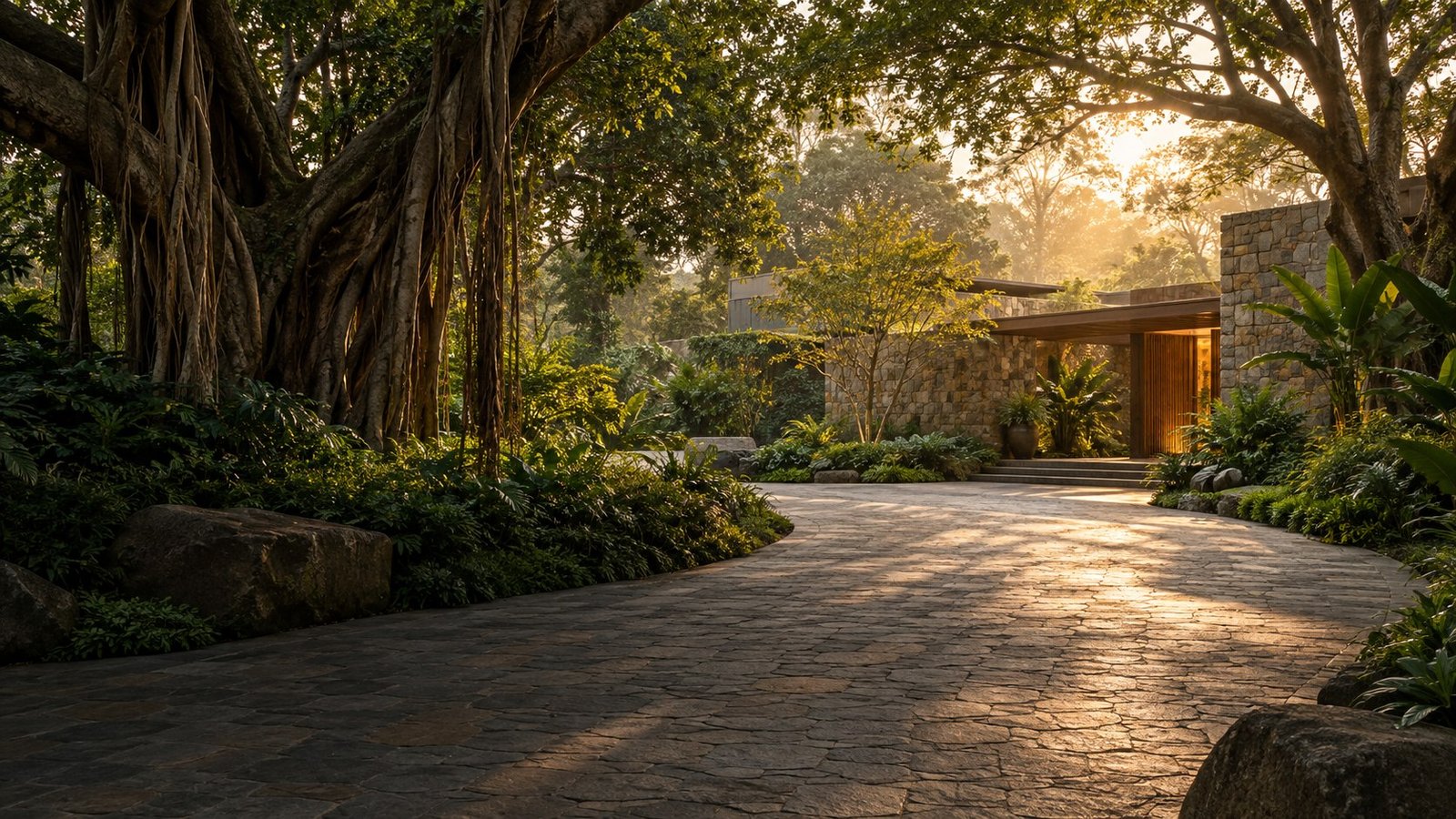 Illustrative concept of a tree-lined stone arrival through a planted landscape