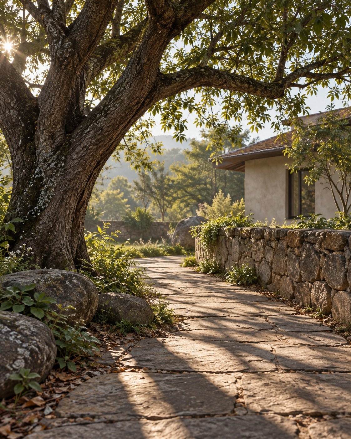 A quiet path through a garden community