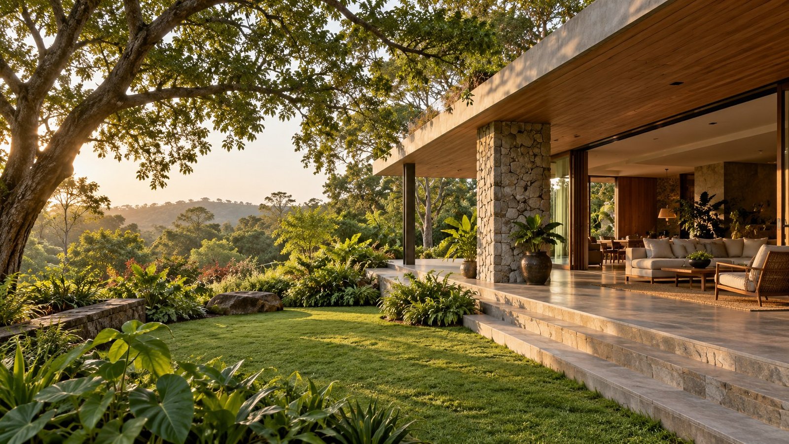 Illustrative concept of a stone and timber home opening into mature greenery
